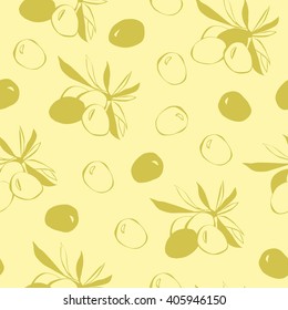 Vector seamless pattern with olive branches. Green hand drawn doodle bunch of fruits with leaves on light beige background.