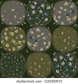 vector seamless pattern with olive leaves and olives of different colors in ellipse