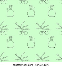 Vector seamless pattern of an olive tree sprig and a bottle of olive oil. Three olives on a branch with leaves. Glass jug of olive oil with cork. Background on the theme of cooking for kitchen