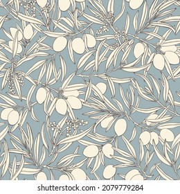 Vector seamless pattern of olive tree sprig in pastel colors. Hand drawn, beige olives on grey blue vintage background for design packaging, textile, wallpaper, fabric, cosmetic