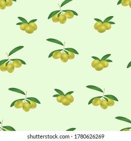 Vector seamless pattern of olives with leaves on a green background. For printing on fabrics, packaging, napkins tec.