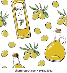 Vector seamless pattern with olives, oil bottle and pitcher. Hand drawn doodle objects on white background. Black outline and colorful elements.