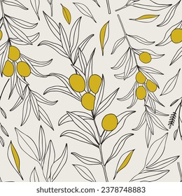 Vector seamless pattern olives on a branch with leaves
