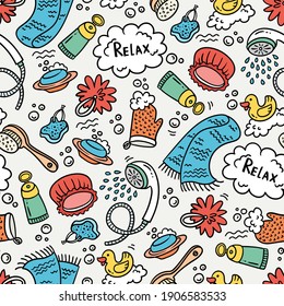 Vector seamless pattern om the theme of hygiene, water procedures, bathing, washing, cleanliness. Colorful, cartoon, hand drawn doodle background