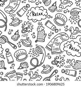 Vector seamless pattern om the theme of hygiene, water procedures, bathing, washing, cleanliness. Cartoon, hand drawn doodles background. Line art on white color