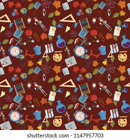 vector seamless pattern on aschool theme, the Association for educational institutions, items, globe, food, instruments, pencils, lanaki, all that is connected with learning, the background 