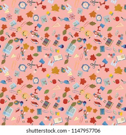 vector seamless pattern on aschool theme, the Association for educational institutions, items, globe, food, instruments, pencils, lanaki, all that is connected with learning, the background 