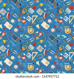 vector seamless pattern on aschool theme, the Association for educational institutions, items, globe, food, instruments, pencils, lanaki, all that is connected with learning, the background 