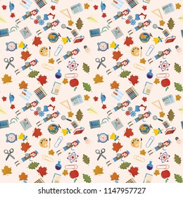 vector seamless pattern on aschool theme, the Association for educational institutions, items, globe, food, instruments, pencils, lanaki, all that is connected with learning, the background 