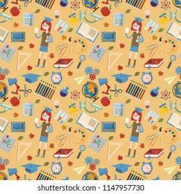 vector seamless pattern on aschool theme, the Association for educational institutions, items, globe, food, instruments, pencils, lanaki, all that is connected with learning, the background 