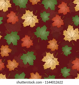 vector seamless pattern on autumn theme, maple leaves in different colors and positions, back translucent background is isolated