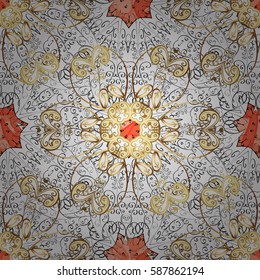 Vector seamless pattern on background with golden elements and with white doodles. Vector illustration. Damask seamless pattern for design.