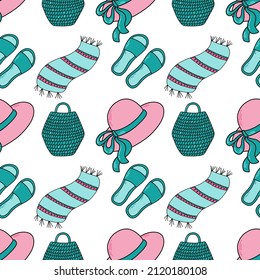 Vector seamless pattern on beach topic with basket, hat, flip flops and towel in emerald and pink colors. Illustration for fabric, wrapping paper, background.