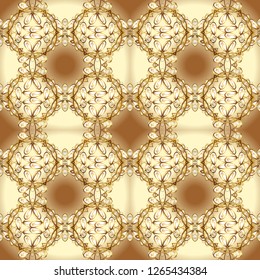 Vector seamless pattern on beige and brown colors with golden elements. Damask seamless pattern for design.
