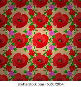 Vector seamless pattern on a beige background. Beautiful watercolor poppy flowers, bright painting inspired floral print.