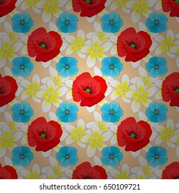 Vector seamless pattern on a beige background. Beautiful watercolor poppy flowers, bright painting inspired floral print.