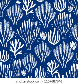 Vector seamless pattern on black background with seaweed, sea sponges and corals. Abstract illustration with floral elements. Natural design.