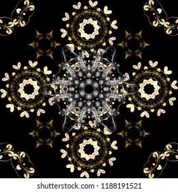 Vector seamless pattern on black, gray and brown colors with golden elements. Damask seamless pattern for design.