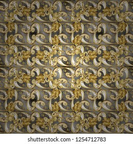 Vector seamless pattern on black and gray colors with golden elements. Damask seamless pattern for design.
