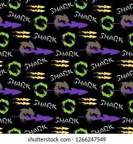 Vector seamless pattern on the black background with the stylized sharks.Relevant print for kids and teenagers.