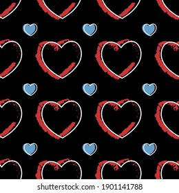 Vector seamless pattern on black background with red and blue hearts. textile, gift paper, valentine day, wallpaper.