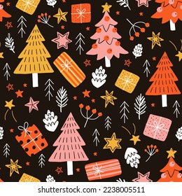 Vector seamless pattern on black background. Fir trees and christmas presents in simple doodle style. Ideal for Christmas holidays cards, posters and design