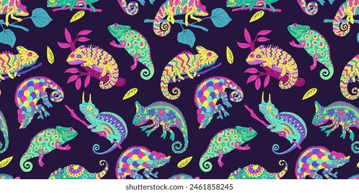 Vector seamless pattern on a black background with colorful cute chameleons sitting on tree branches. The cartoon reptile is perfect for wildlife-themed textiles