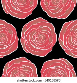 Vector seamless pattern on a black background. Watercolor floral image with pink and beige rose flowers.