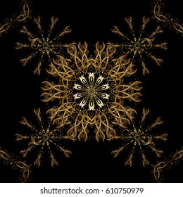 Vector seamless pattern on black background with golden elements. Damask seamless pattern for design.