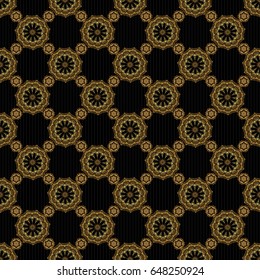 Vector seamless pattern on a black background with golden vintage ornament.