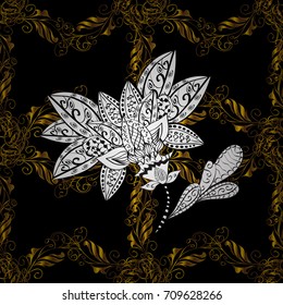 Vector seamless pattern on black background with golden elements and with white doodles. Vector illustration. Damask seamless pattern for design.
