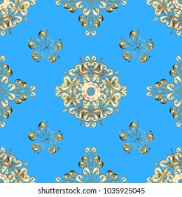 Vector seamless pattern on blue, beige and brown colors with golden elements. Damask seamless pattern for design.