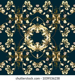 Vector seamless pattern on blue, brown and white colors with golden elements. Damask seamless pattern for design.