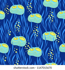 Vector seamless pattern on blue background with seaweed, sea sponges and corals. Abstract illustration with floral elements. Natural design.