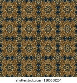 Vector seamless pattern on a blue background with golden vintage ornament.