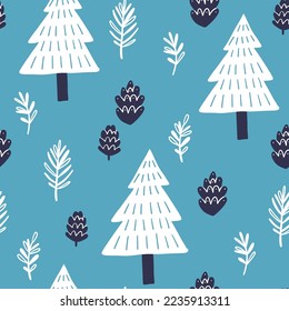 Vector seamless pattern on blue background. Fir trees in simple doodle style. Ideal for Christmas holidays cards, posters, banners and other graphic and web design