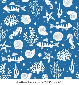 Vector seamless pattern on a blue background. Underwater world in cartoon style. Summer, sea, fish, shells, algae