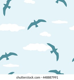 Vector seamless pattern on a blue background. Marine theme. Birds, seagull