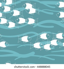 Vector seamless pattern on a blue background. Marine theme. Fish