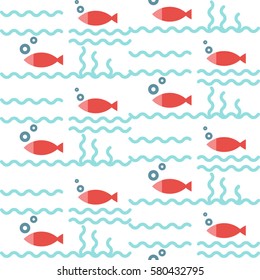 Vector seamless pattern on a blue background. Marine theme. Fish and  waves