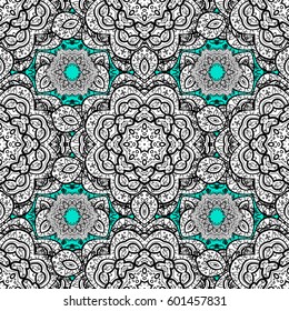 Vector seamless pattern on blue background with white elements. Damask seamless pattern for design.
