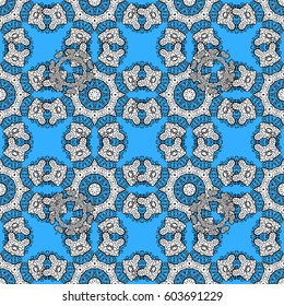 Vector seamless pattern on blue background with golden elements and with white doodles. Vector illustration. Damask seamless pattern for design.