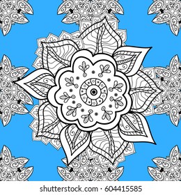 Vector seamless pattern on blue background with white elements. Damask seamless pattern for design.