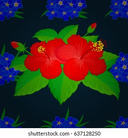 Vector seamless pattern on a blue background. Beautiful watercolor hibiscus flowers, bright painting inspired floral print.