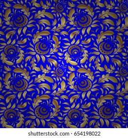 Vector seamless pattern on a blue background with golden vintage ornament.