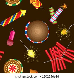Vector seamless pattern on brown background with fireworks and sparklers