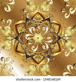 Vector seamless pattern on brown and beige colors with golden elements. Damask seamless pattern for design.