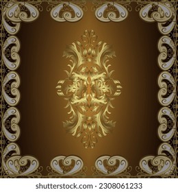 Vector seamless pattern on brown, yellow and beige colors with golden elements and with white doodles. Damask seamless pattern for design. Vector illustration.
