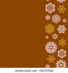 Vector seamless pattern on brown background. Winter background with snowflakes and dots.