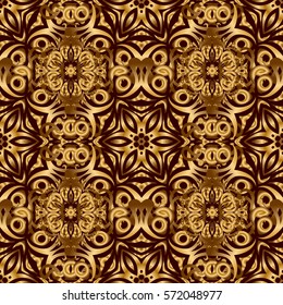 Vector seamless pattern on a brown background with golden vintage ornament.